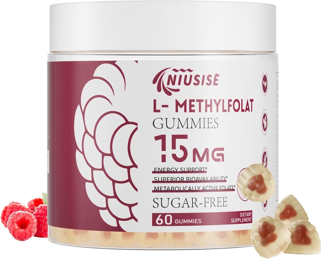 L-metylfolat 15mg Gummies for voksen, sukkerfrie gummies bidra til å forbedre energi, hjernefunksjon - aktiv folsyre og vitamin B12 Supplement for immunstøtte, ikke-GMO, Glutenfri