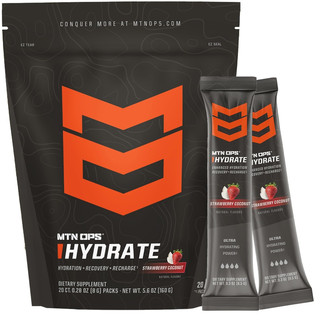 MTN OPS Hydrate Electrolytes pulverdrikk blanding, 20 enkelt servering on-The-Go Electrolyte pakker med over 1000 mg elektrolyter per servering, jordbær kokosnøtt