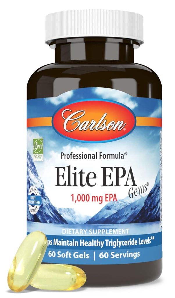 Carlson - Elite EPA Gems, 1000 mg EPA Fiskeolje, Wild-Caught, Norsk Fish Oil Supplement, Sustainablely Sourced, bidrar til å opprettholde sunne triglycerider nivåer, 60 Softgels