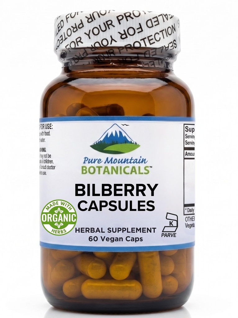 Pure Mountain Botanicals Bilbær Ekstrakt Supplement Vegansk Kosher kapsler med 250 mg organisk Bilbær Leaf og 50 mg Potent Ekstrakt av Billbær