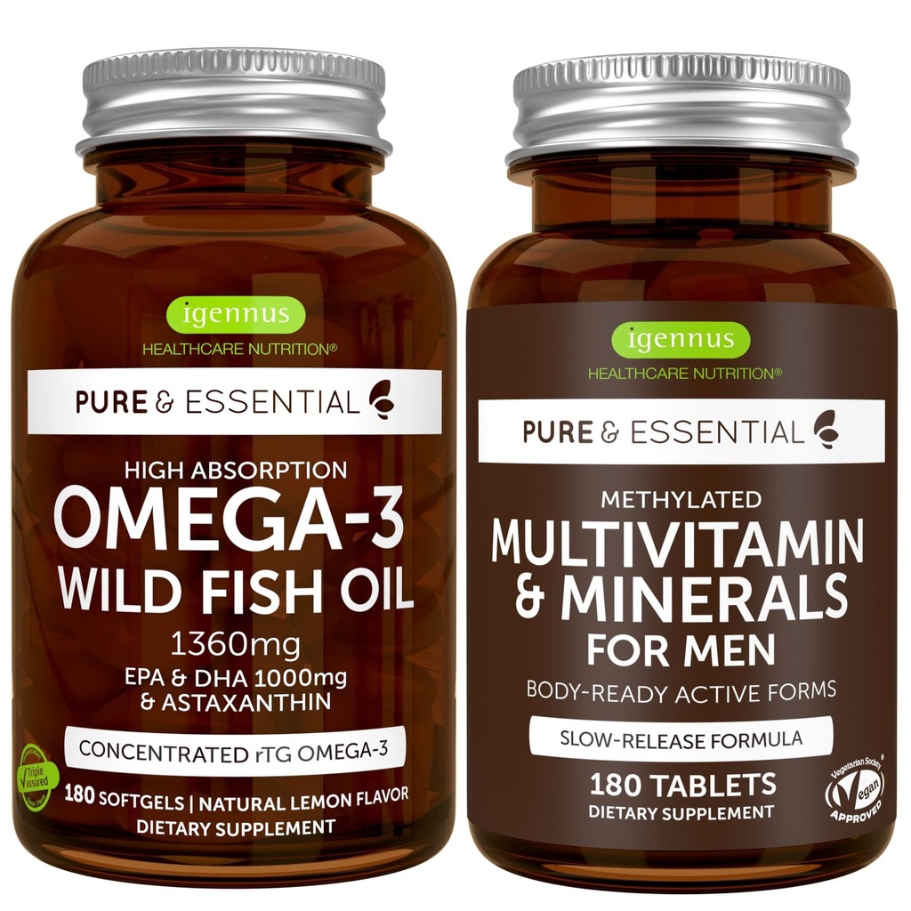 Høy absorpsjon Omega-3 Wild Fish Oil + metylert menns Multivitamin Bundle, 1000mg EPA & DHA 180 Softgels + release Multivitamin 180 tabletter, av Igenus