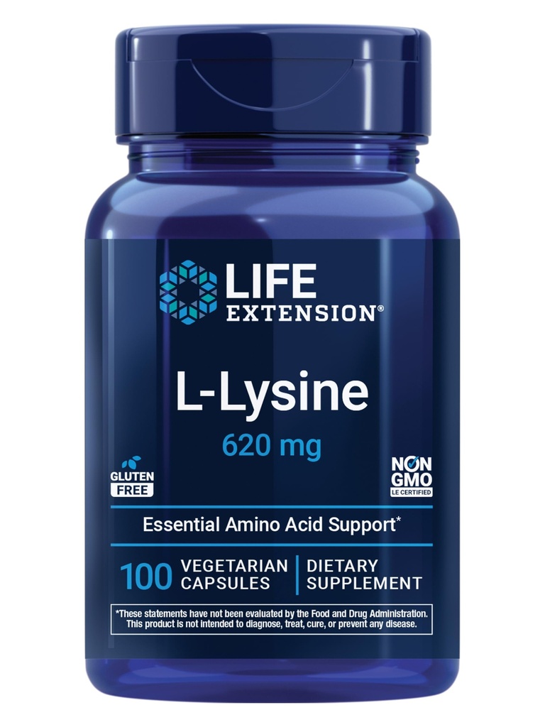 Livsforlengelse L-Lysin, 620 mg, essensiell aminosyre for sunn nitrogenbalanse, kalsiummetabolisme, stressrespons og mer, glutenfri, ikke-GMO, vegetarisk, 100 kapsler