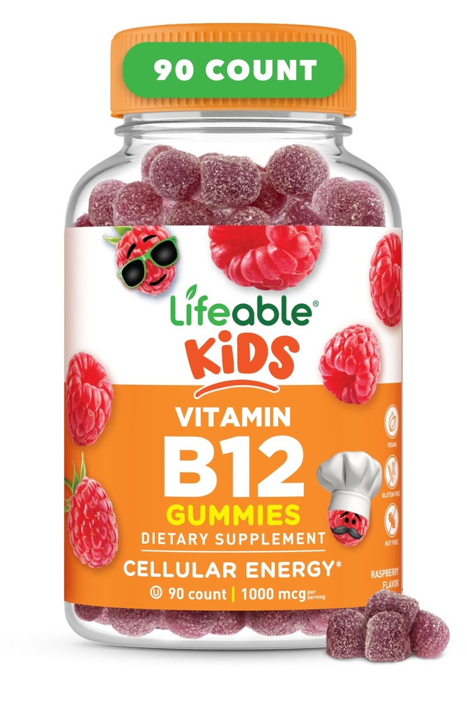 Livbar vitamin B12 for barn | 1000 mcg | Flotte Tasting Vitamin B12 Gummier | Glutenfri, Vegan B12 Vitaminer | B12 Vitaminer for energi, Mood og nervesystemet støtte | 90 gummier