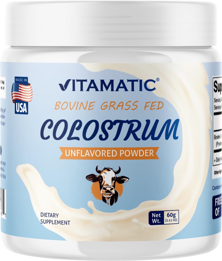 Vitamatic Bovine Colossrum 30% IgG pulver - Supplement for Gut Helse, Hårvekst, Skjønnhet, Muskelgjenvinning, & Immune Support - lett å blande - 60 Gram (30 Services, Unflavored)