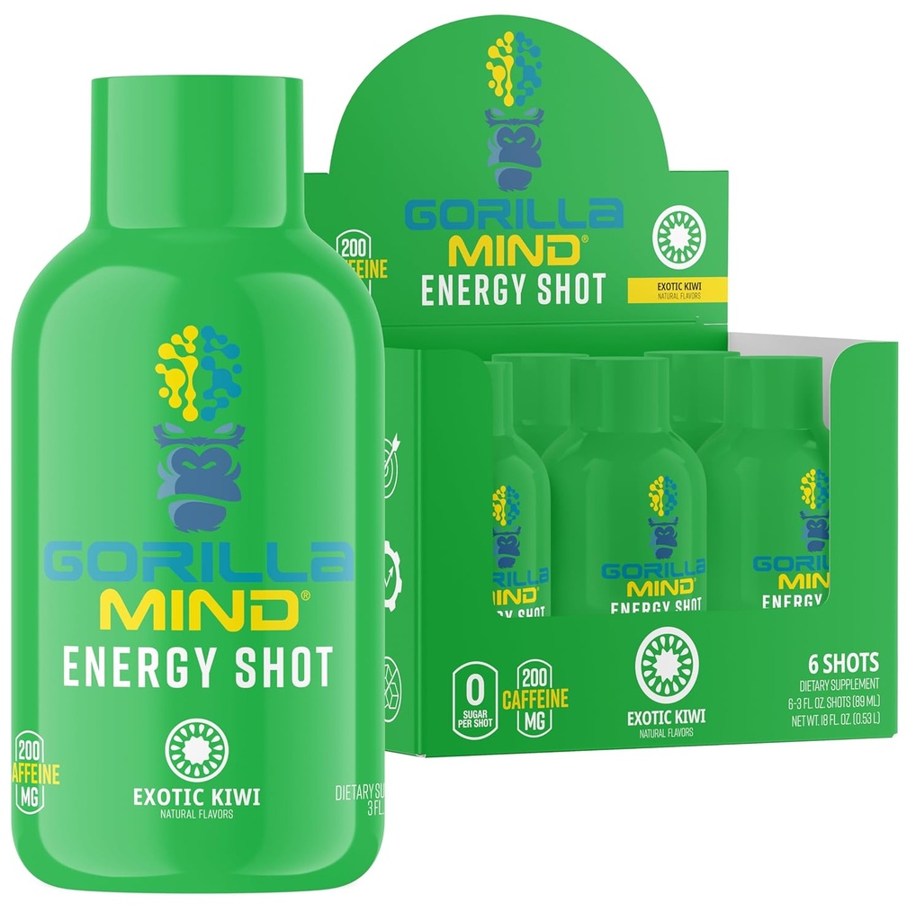 Gorilla Mind Energy Shots (Pack of 6) - Forbedret fokus og energi, Sukkerfri, Fast-Active, Potent Formula med vitaminer og naturlige ekstrakter (eksotisk Kiwi)