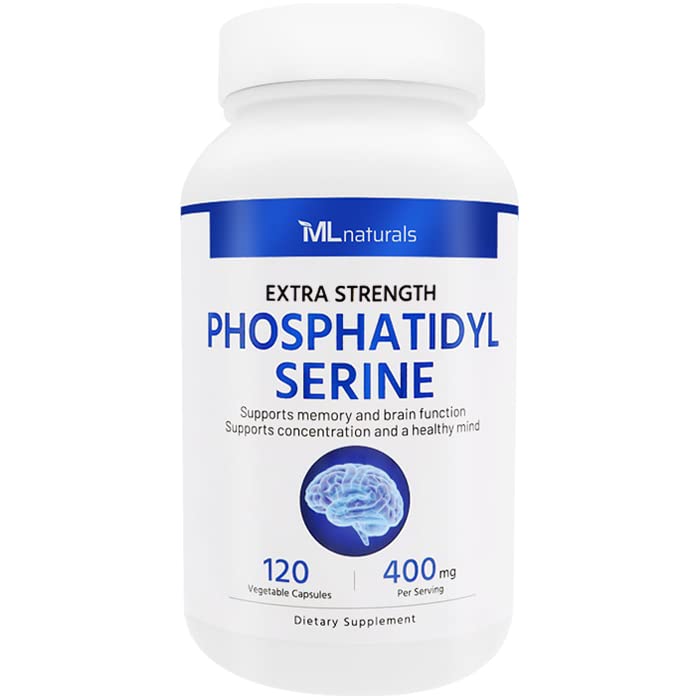 ML Naturals Fosfatidyl Serine 400 mg (høy dosering) 120 grønnsaker kapsler. Støtter minne- og hjernefunksjon, ikke-GMO, NSF-sertifisert og cGMP-kompliant