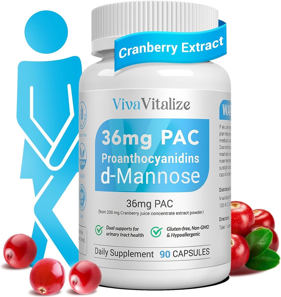 5 i 1 Cranberry Supplement for kvinner, 36mg PAC 100% løselig D-mannose Dandelion Herb Mulberry Uva Ursi Leaf naturlig urinveien Tract Health Support, Cranberry Pills UTIS Forebygging 90 Caps