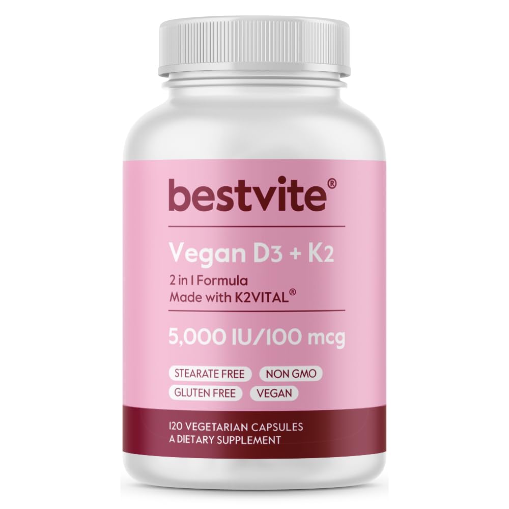 BESTVITE Vegansk Vitamin D3 5000 IE + vitamin K2 100 mg som MK-7 (120 vegetariske kapsler) - Ingen stearates - Vegansk - Ikke GMO - Glutenfri