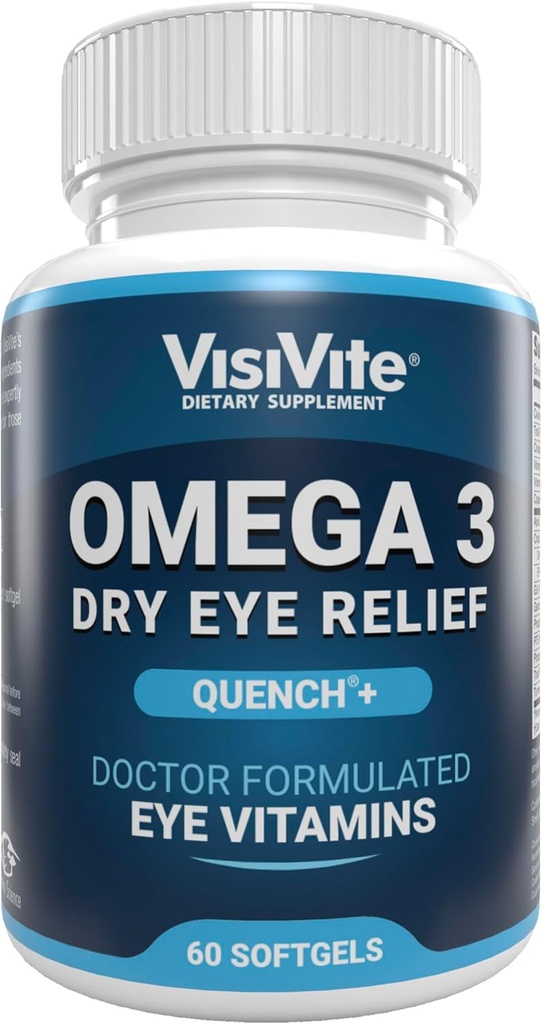 Omega 3 tørre øyne kosttilskudd med EPA og DHA - VisiVite tørr øye lindring Quench + Øyevitaminer for tørre øyne med Omega 3 Supplement - Tørr Eye vitaminer laget med Omega 3 Fiskeolje - 60 Softgels.