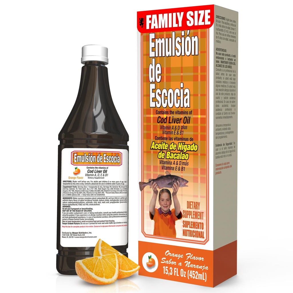 EMULSION DE ESCOCIA Cod Liver Oil, Dietary Supplement, vitaminer A, B1, D og E, Immunsystemstøtte, Orange Flavor (15,3 Fl Oz/Pack av 1)
