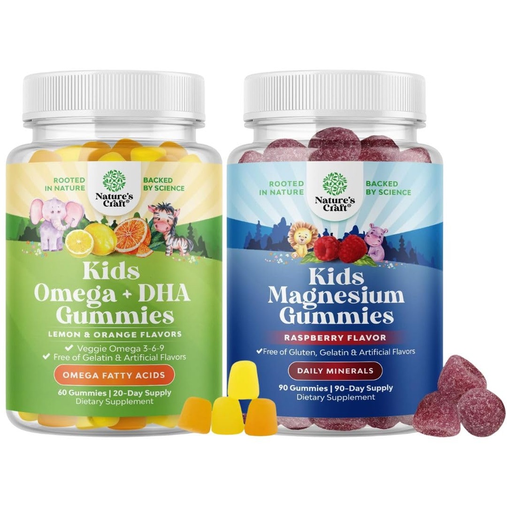 Bundle of Omega DHA Gummies for barn - Fatty Acids Omega 3 6 9 med vitamin C for hjerne, immunisme og barn Magnesium Gummies - Mag Citrat for nerve helse Muskler og sunn hjerte støtte