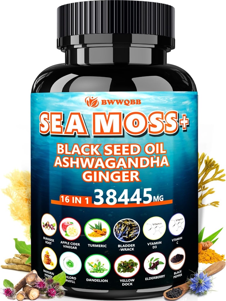 Sea Moss 350mg svart frøolje 200mg Ashwagandha 100mg gurkemeie 100mg Bladderwrack 100mg Burdock 100mg, alt-i-1 Sea Moss Capsules-60 Count