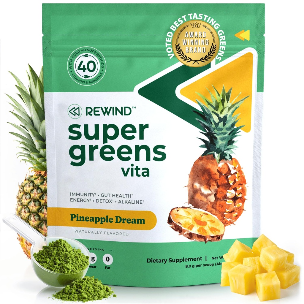 Beste Smakende Super Greens pulver med 40+ Superfoods – Delicious Daily Green Powder med vitamin B12, sink, vitamin C, magnesium og kalsium – Grønn Juice Superfood Mix - Pineapple Flavor