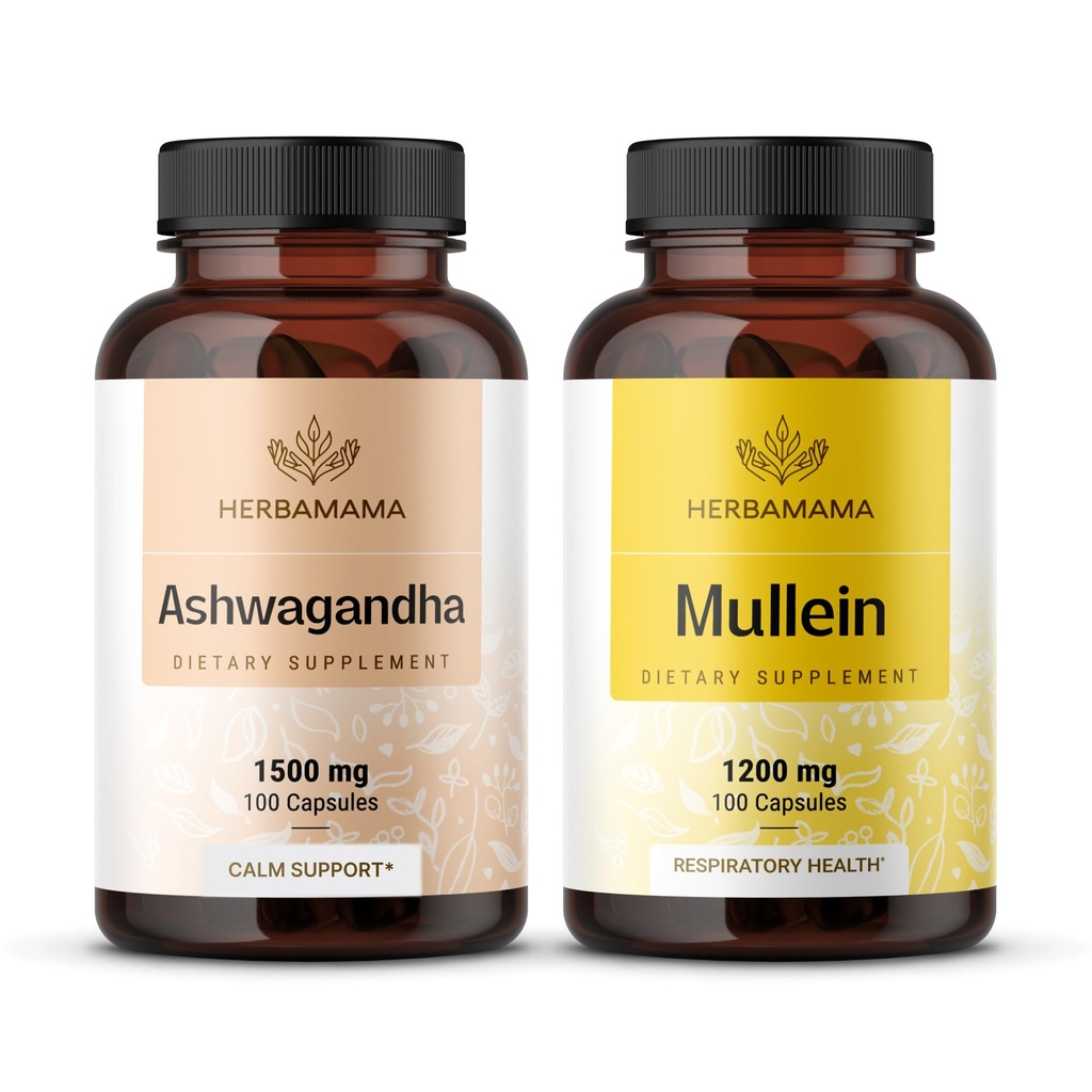 HERBAMAMA Ashwagandha og Mullein Kit - Bundle på 1500 mg Ashwagandha Root & 1200 mg Mullein Leaf Kapsler 100 Caps - Vegan, ikke-GMO, sukker og alkohol-fri - 2 Pack