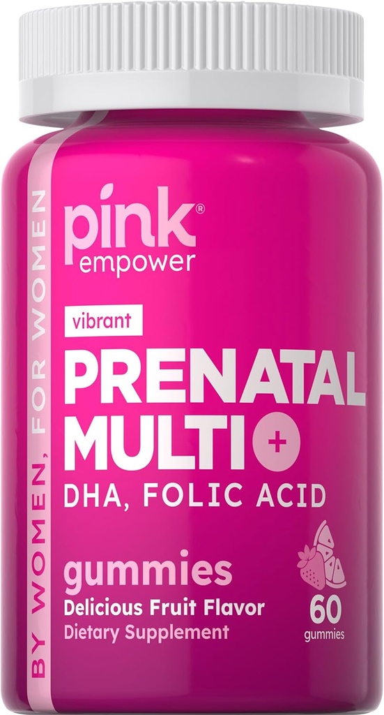 PINK Prenatal Vitaminer | 60 Gummies med DHA og folsyre | Ikke-GMO & Glutenfri Multivitamin | Frukt Flavor