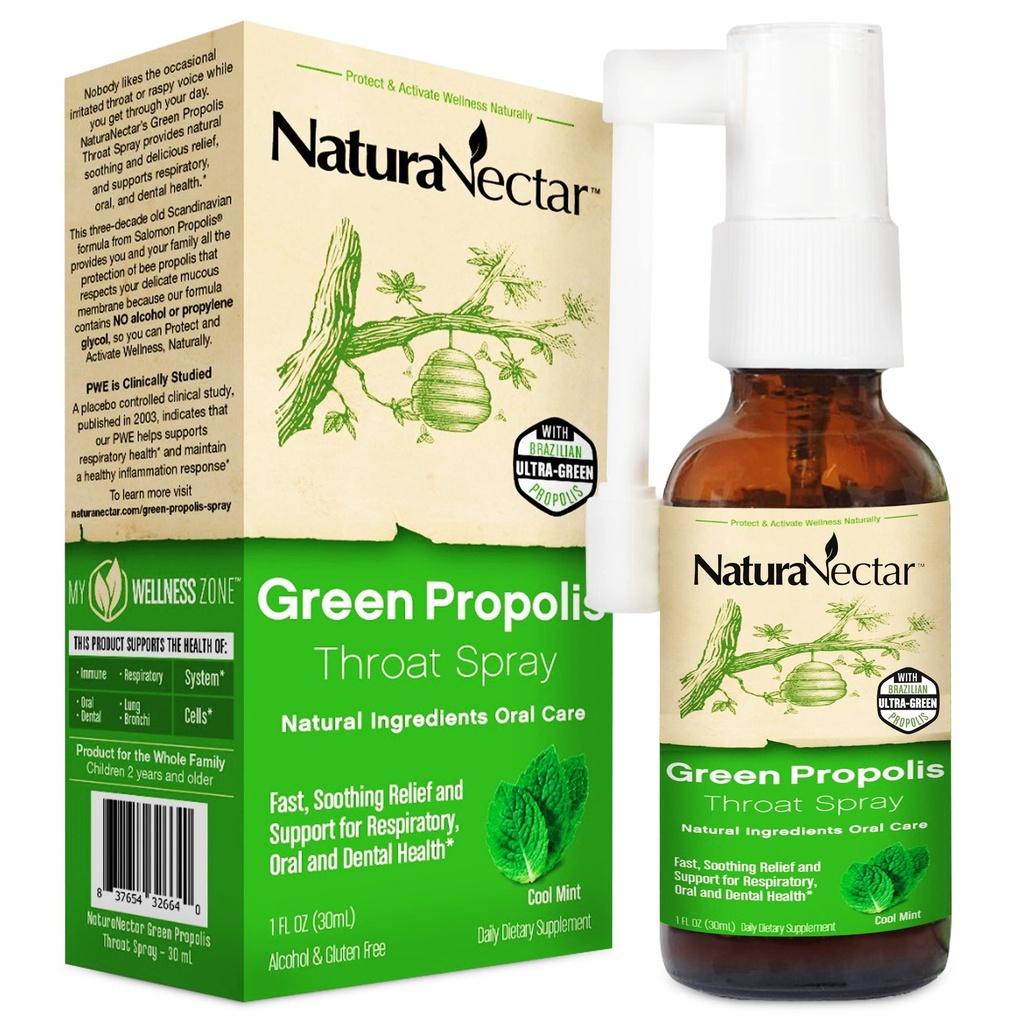 NaturaNectar - Grønn Propolis Throat Spray - Unik, beroligende Throat Care Relief med brasiliansk Bee Propolis - Naturlig og ikke-alkoholisk Throat Care Formula fra bærekraftig biavl (1-Pack, 30ml)