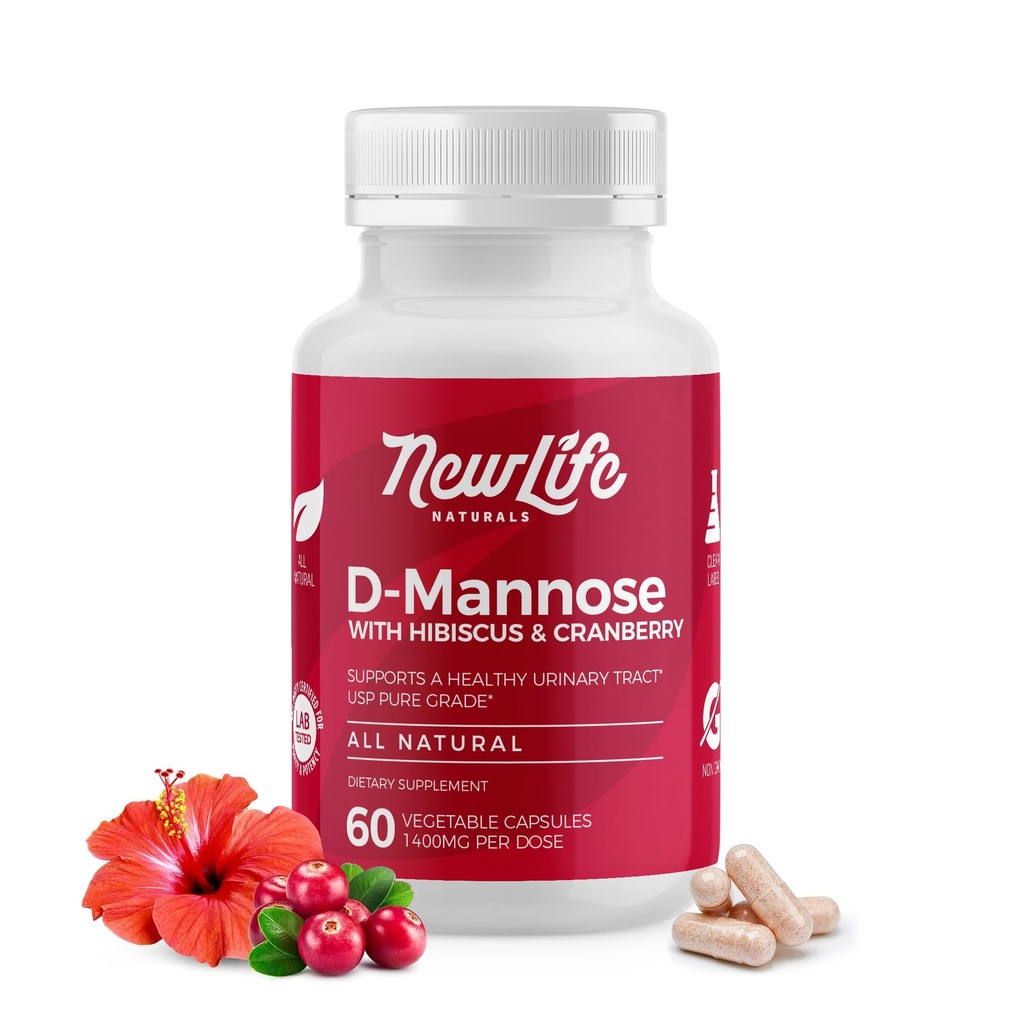 NewLife Naturals D-Mannose Kapsler | w/Cranberry og Hibiscus ekstrakter | Naturlig urinveistrakt  Health 1400 mg ren grønn pulver | 60 Veggie Kapsler