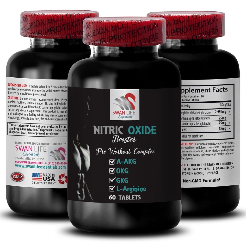A-AKG, Nitric Oxid - Nitric Oxid Booster - Treningstilskudd, Power Boost, Styrkeforsterker, Endurance Mix, Stamina Økning, Performance Booster, Recovery Formula, Muskelfokus 1 Flaske 60 Faner