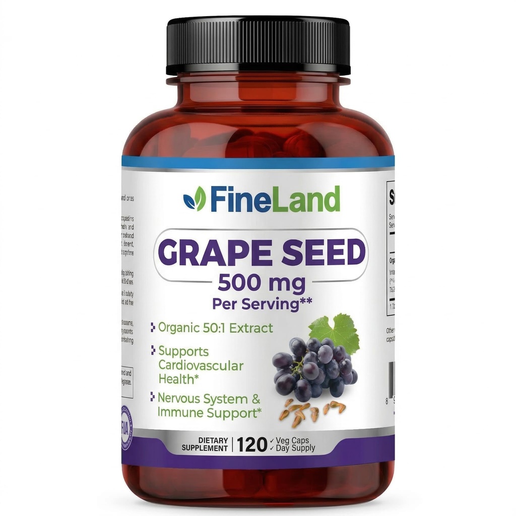 FineLand Grape Frø Ekstrakt 50:1 – 25 000 mg Ekvivalent per kapsel – 120 Vegan Capsules – rik på antioksidanter | hjerte, immun og sirkulasjonsstøtte – ikke-GMO | laget i USA
