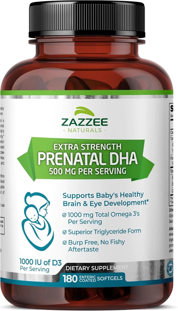 Zazzee Extra Styrke Prenatal DHA 500 mg, 180 Enterisk Coated Softgels, 1000 mg Omega 3s, 1000 UI vitamin D3, Burp gratis, Ingen fiskbar ettersmak, Superior triglycerid form, renset Deep Sea Fish Oil