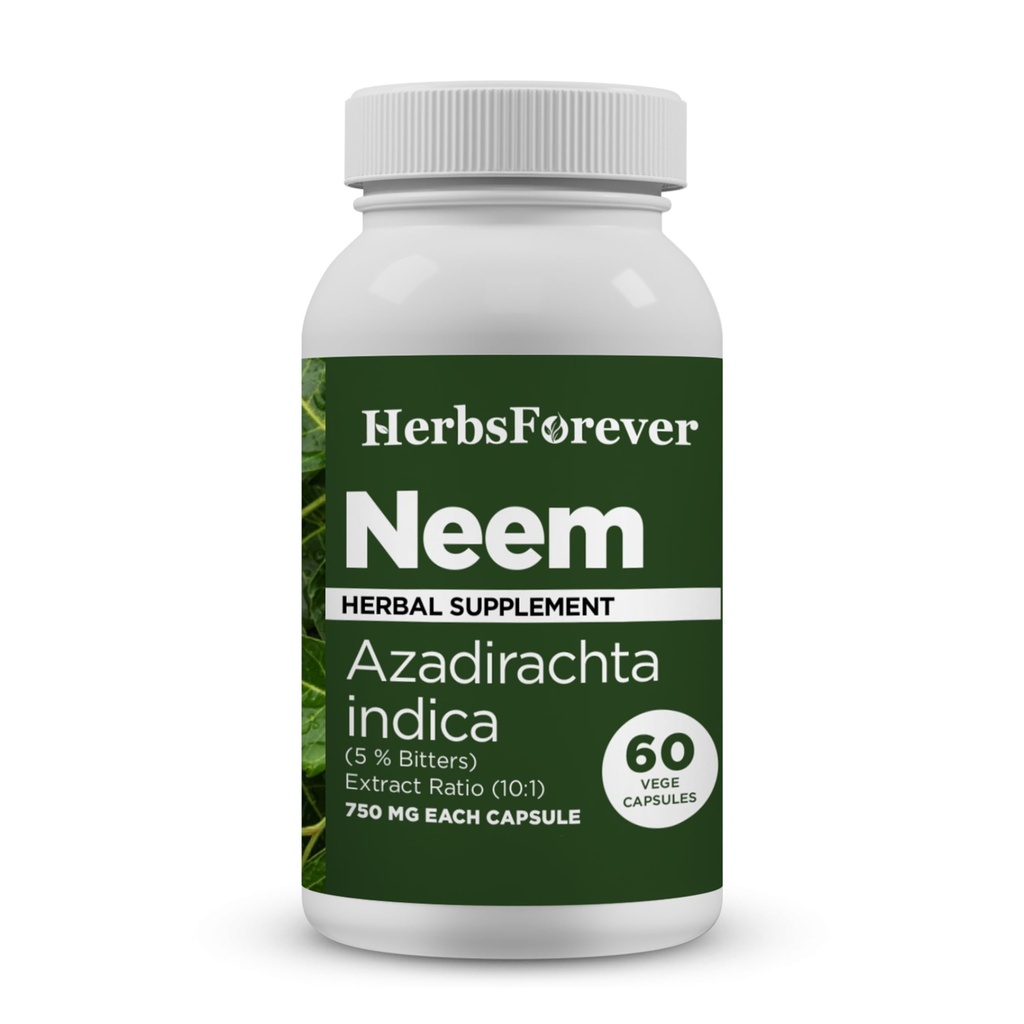 Herbsforever Neem Capsules Azadirachta Indica Hud Supplement 60 Vege kapsler