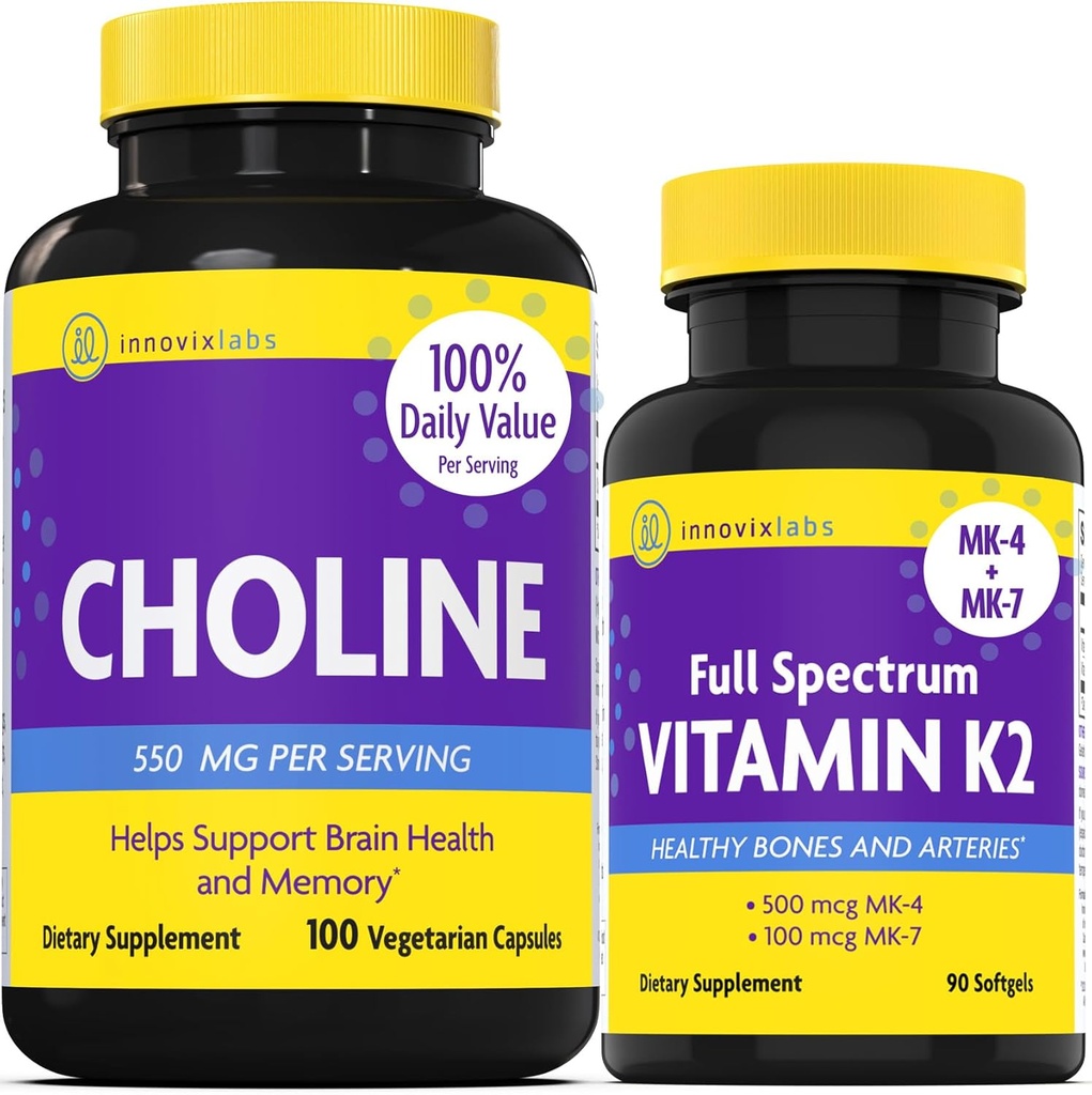 InnovixLabs Choline & vitamin K2 Bundle Choline Bitartrate 550 mg (100 kapsler) Full Spectrum Vitamin K2 (90 Softgels). Støtter hukommelse, humør, hjernens helse og økt kognitiv.*