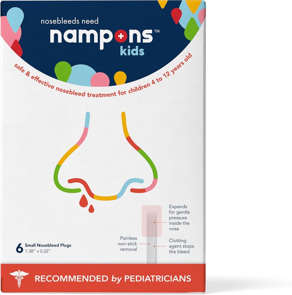 Nampons Kids Nosebleed Stoppers - 6 enkle å bruke Nese Bleed Stopper Plugs Kit for barn. Stolt av pediatriere. Hypoallergenic Cloting Agent stopper nosebleeds raskt på kontakt. Sikker og smertefri