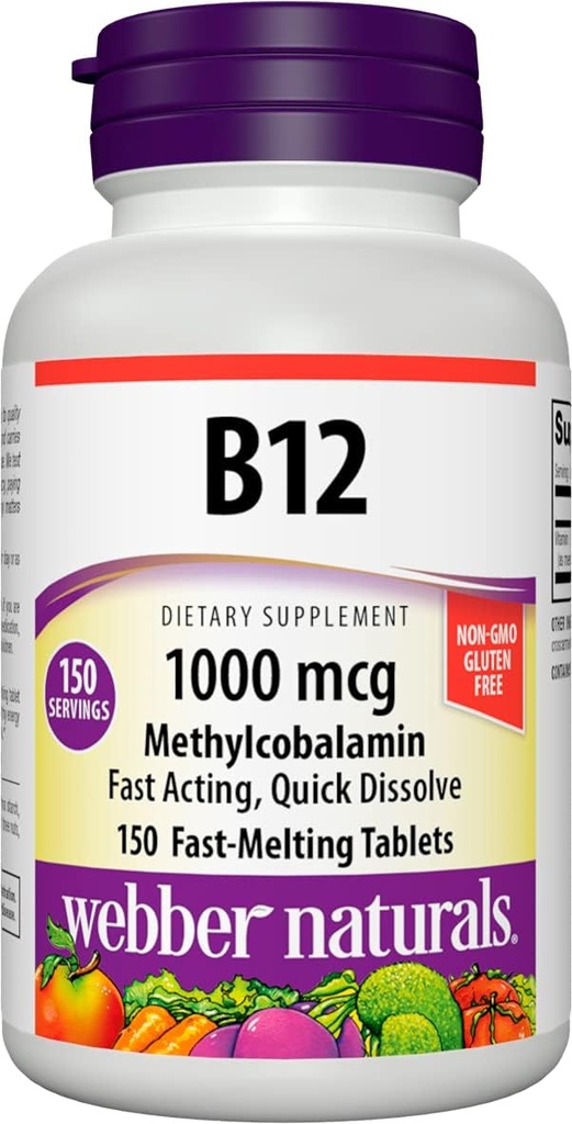 Webber Naturals Vitamin B12 1000 mcg, 150 teller, raske oppløsningstabletter, vitamintilskudd støtte for energimetabolisme, immun- og hjertehelse, vegetarisk formel, 150 dagers forsyning