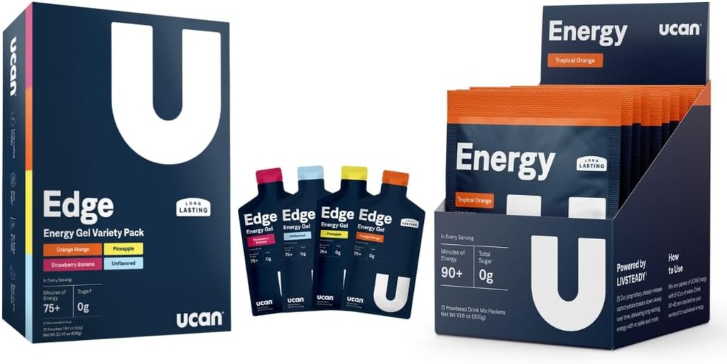 UCAN trening Starter Pack, Edge Energi Gel Variety Pack, Energi pulver Tropisk oransje, Pre & Post Trening for menn og kvinner