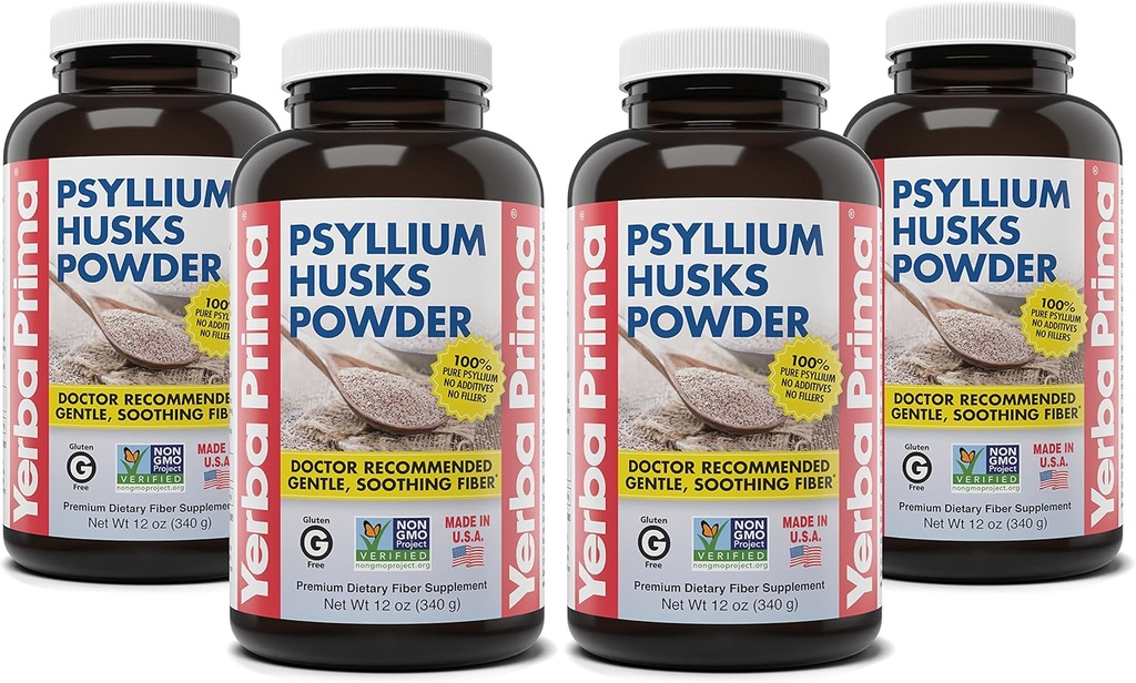 Yerba Prima Psyllium Huks pulver - 12 oz (Pack of 4) - Naturlig Fiber Supplement - Colon Cleanse - Gut Health - Vegansk, ikke-GMO, Glutenfri (ny etikett - emballasje mai Vary)