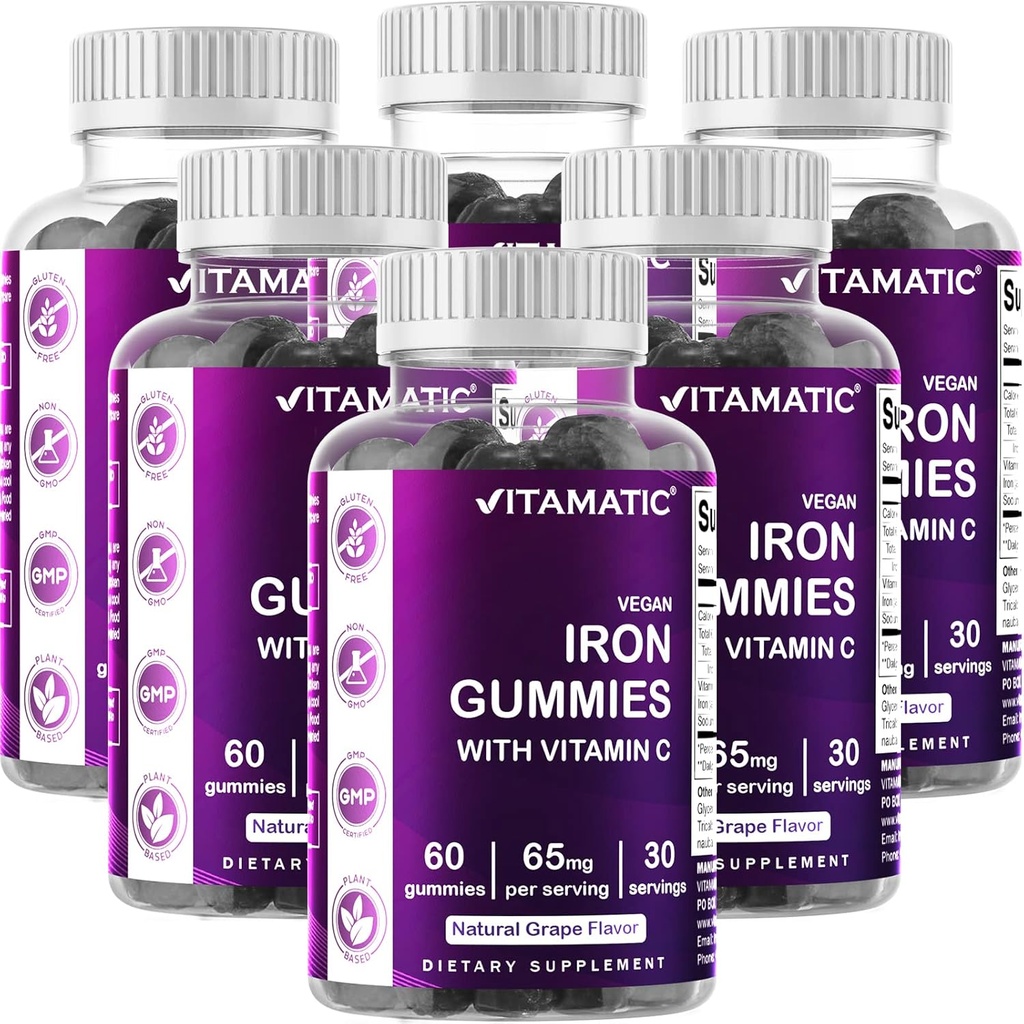 Vitamatic Iron 65 mg Gummies Supplement for kvinner og menn - 60 vegan gummier - Great Tasting Iron Gummy vitaminer med vitamin C (6)