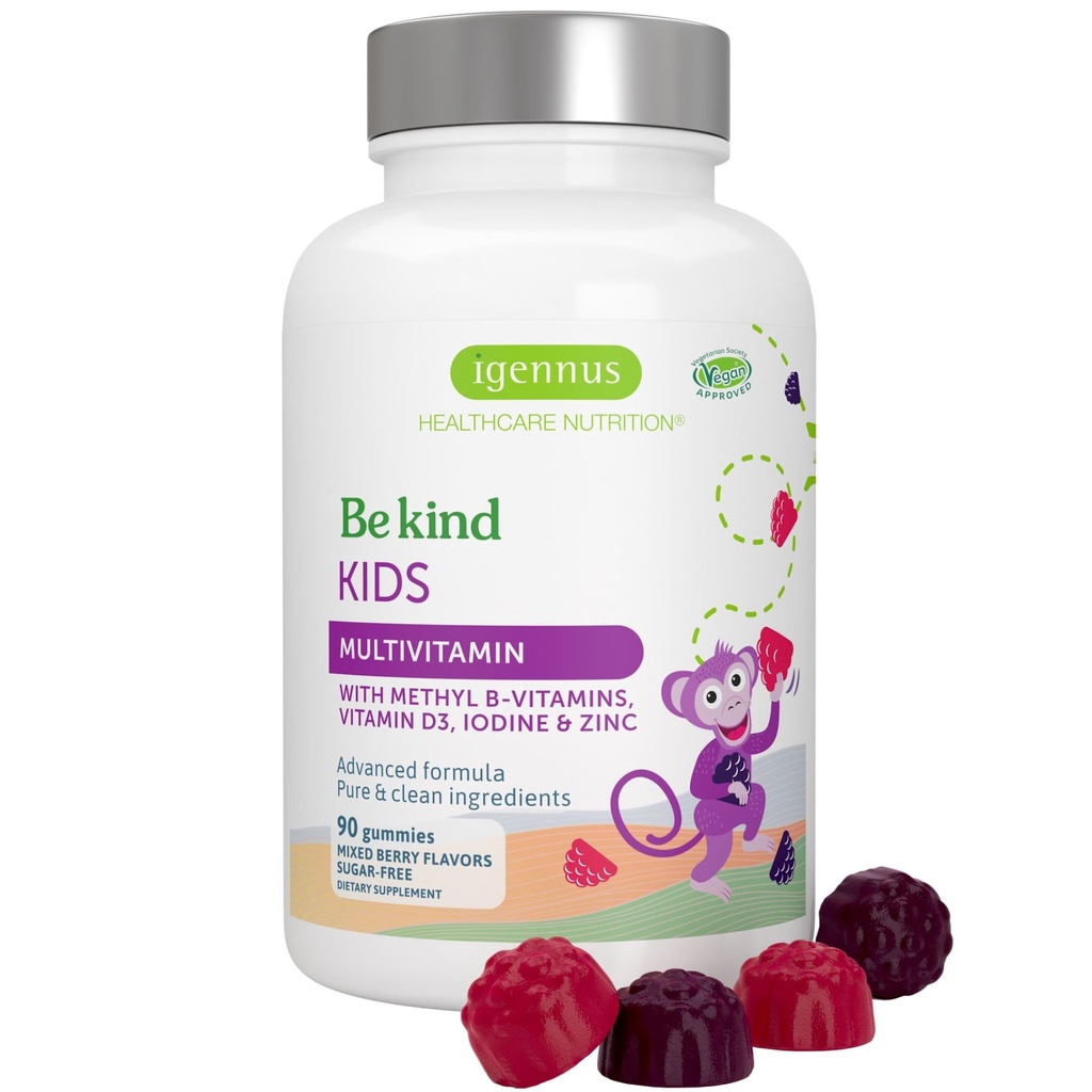 Igenus Methylated Kids Multivitamin Gummy, MTHFR, Ingen kunstige søtningsstoffer eller Flavors, Sukkerfri, Alder 4+, 90 Naturlig Berry Flavor Gummier fra fruktpulver, Ikke-GMO, Halal, Ren etikett