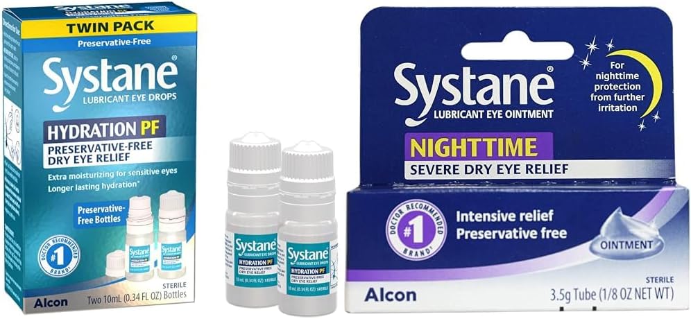 Systane Hydration Multi-Dose Preservativ-fri Øyedråper Tørr Eye Relief Twin Pack (2x10ml) & Natttid Lubricant Eye Ointment 3.5g Tube
