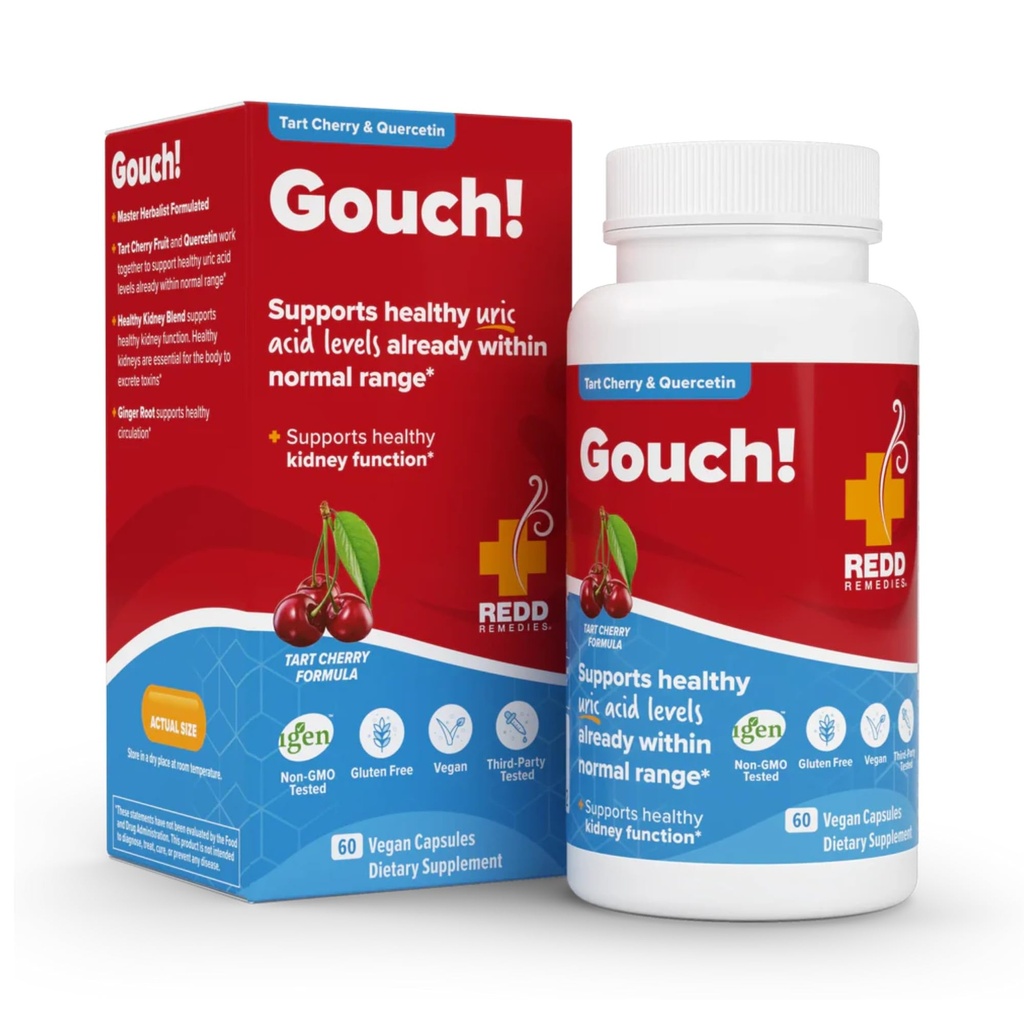 Redd Remedies, Gouch!, Supplerende støtte for ledd og uricsyre nivåer, oppmuntrer til en sunn inflammatorisk respons, Tart Cherry & Quercetin, 60 vegansk kapsler