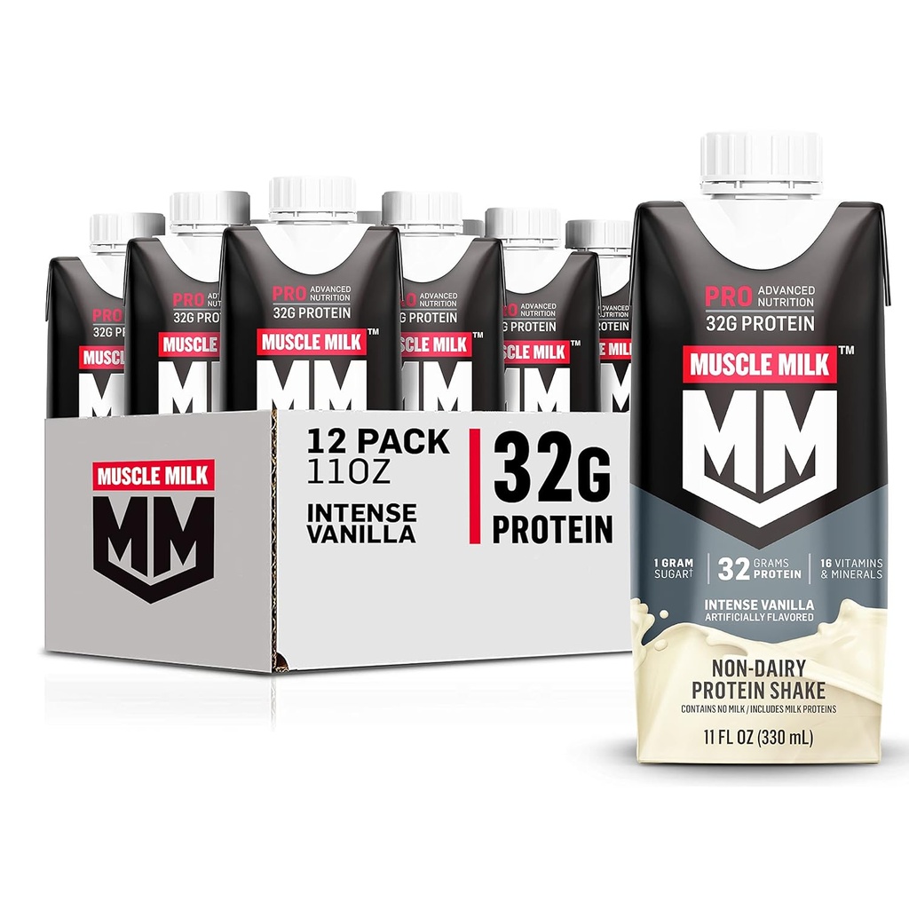 Muskelmelk Pro Avansert Ernæring Protein Shake, Intense Vanilla, 11 Fl Oz Carton, 12 Pack, 32g Protein, 1g Sukker, 16 Vitaminer & Mineraler, 5g Fiber, Treningsgjenvinning, Emballasje May Vary