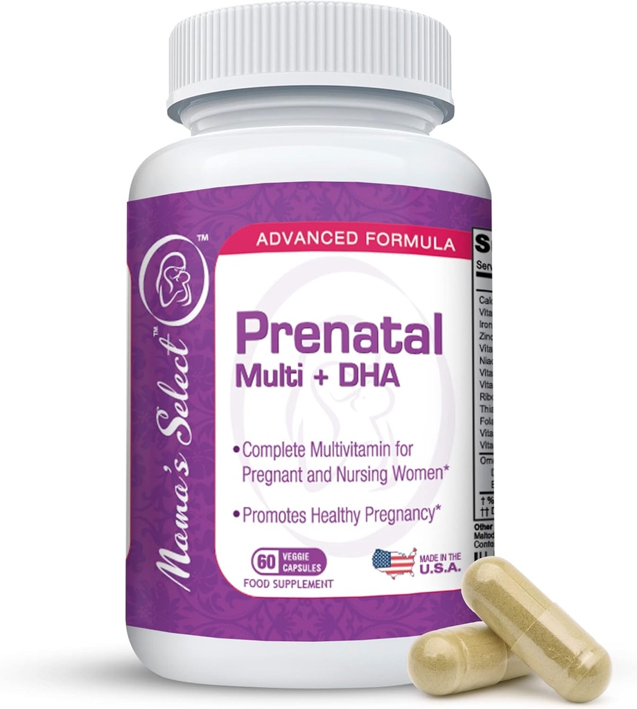 Mama's Select Prenatal Vitaminer for kvinner med jern, vitamin D, DHA og mer for gravide kvinner, Metyl Folat trygt for MTHFR - Gentle on Mage, 60 Veggie kapsler