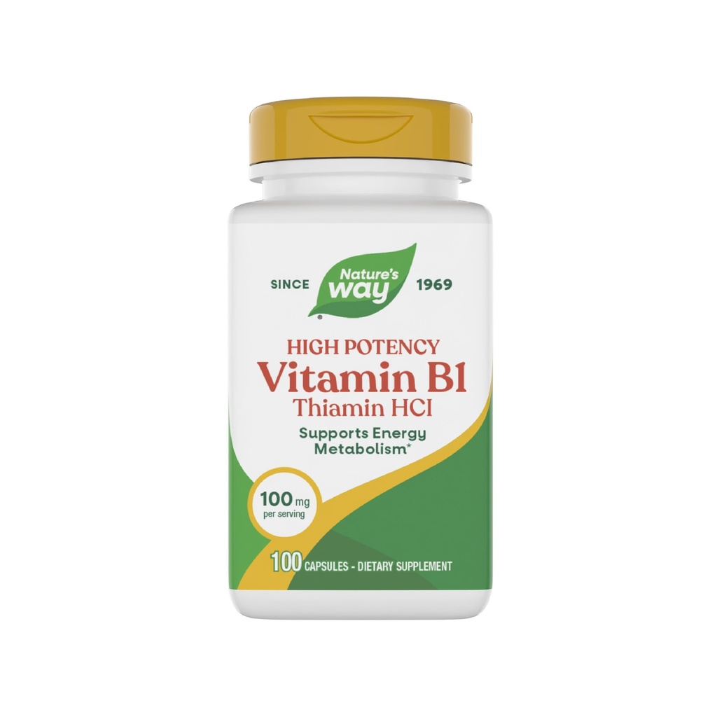 Naturens vei vitamin B1, høy styrke, 100 mg tiamin per servering, Thiamin HCl, støtter energimetabolisme*, glutenfri, 100 kapsler (pakke May Vary)