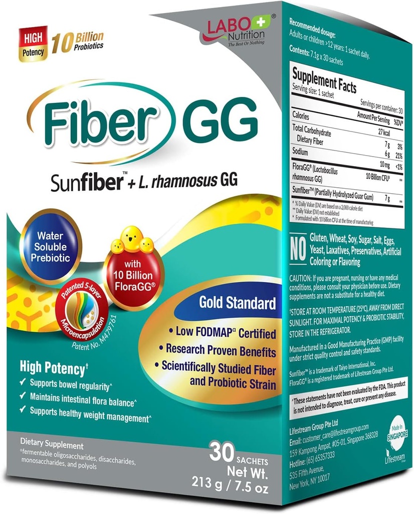 LABO Nutrition FiberGG, Lactobacillus Rhamnosus GG 10 milliarder CFU aktive probiotika og 7g Sunfiber Prebiotic Fiber Supplement, støtte Sunn Intestinal, Immun helse, Glutenfri, 30 Sachets