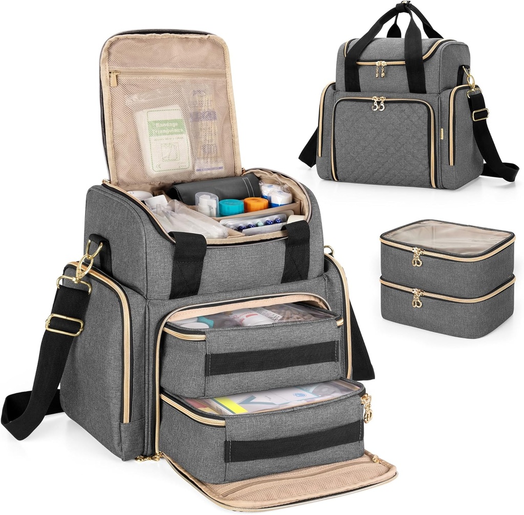 LUXJA Large Medicine Bag med 2 bevegelige tilfeller, medisinsk lagringsveske med flere lagringsseksjoner (egnet for reise eller hjem), grå
