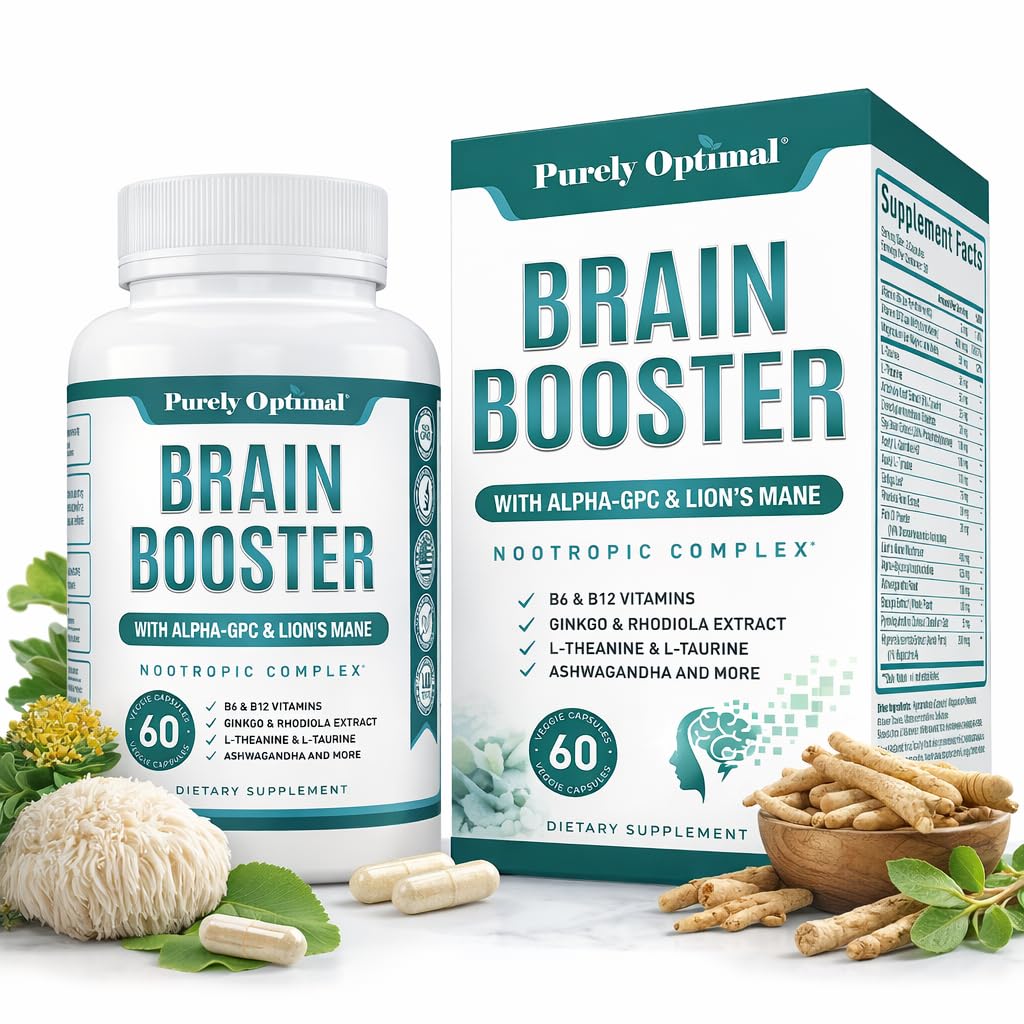 Purely Optimal Brain Booster Nootropic Supplement – Brain Support for minne, fokus, klarhet, Jitter-fri energi for voksne, eldre– med Ginkgo Biloba, Alpha GPC, Lions Mane – 60 kapsler
