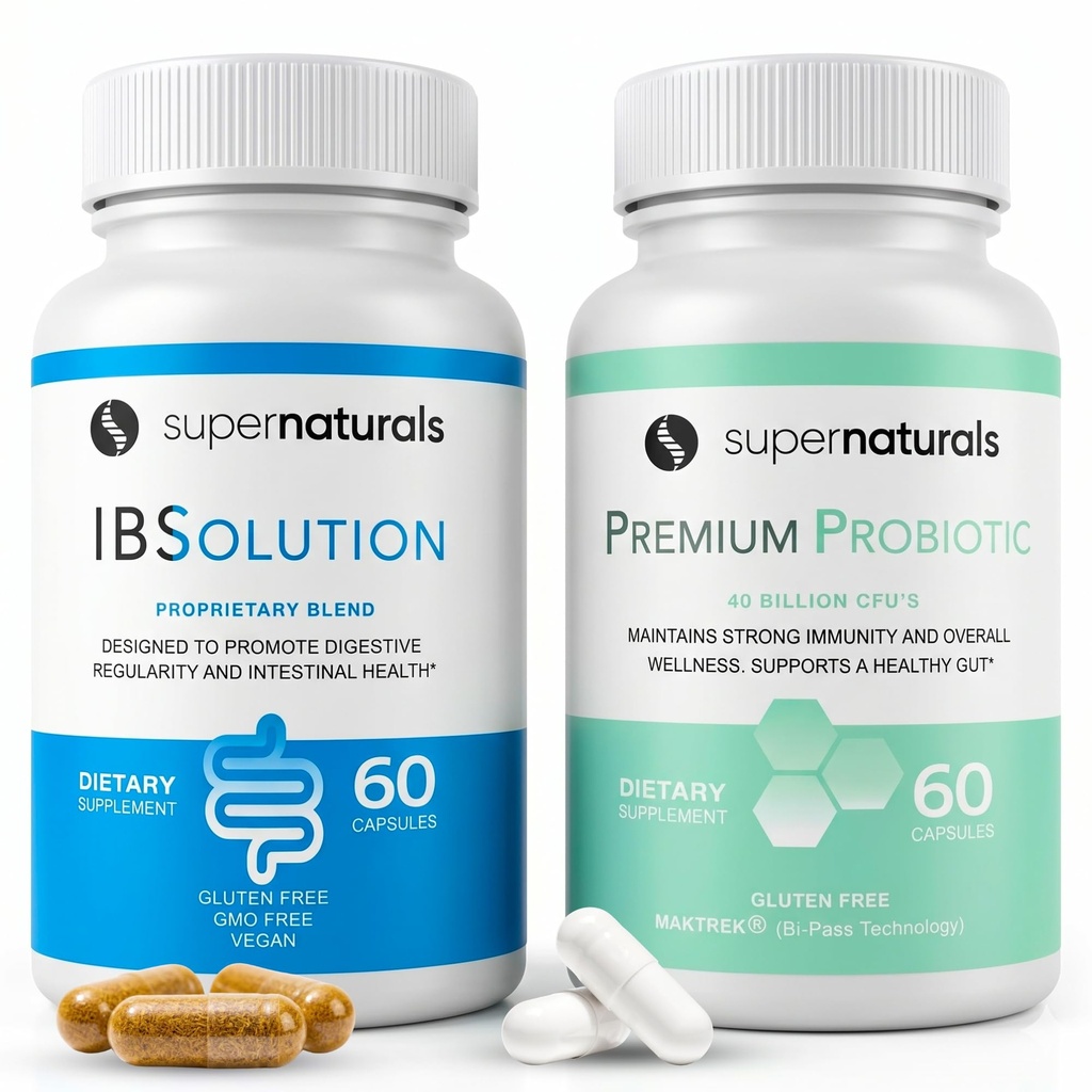IBSolution Gut Health Bundle - All Natural Gut Health Support & Premium Probiotika v/ 40 milliarder CFU for støtte av uregelmessige Bowells, Bloating, Blowout, Gas, bukssmerter - 2 pakke (120 Caps)