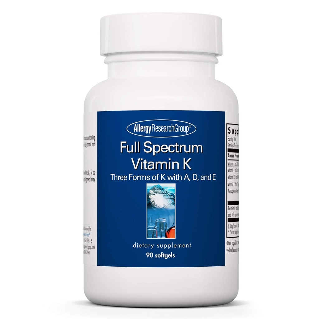 Allergi Research Group Full Spectrum vitamin K - vitamin K1 og K2 Supplement, vitamin K kompleks, MK-4, MK-7, vitamin D3, vitamin A - 90 Count