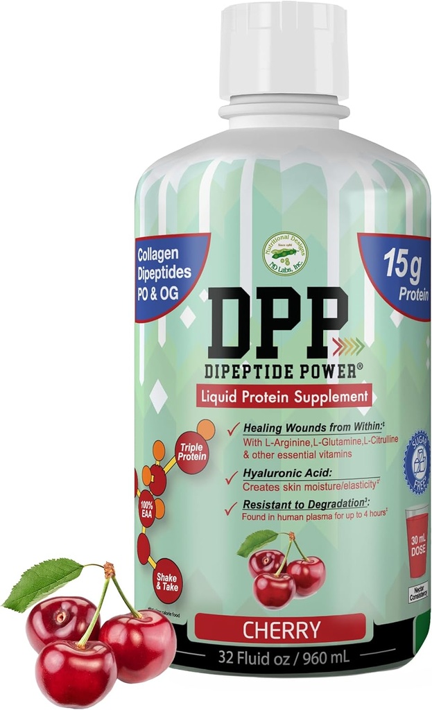 DPP-dipeptid Power, sårheling, 30X Mer collagendipeptider enn pulver, flytende proteintilskudd, sukker-fri, støtter sunn vevsreparasjon, fotsekk, kosmetisk kirurgi (Cherry, 32 fl Oz)