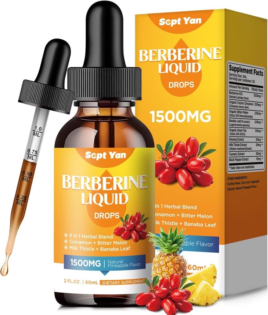 Berberine Supplement flytende dråper- Berberine 1500mg med ceylon cinnamon, Bitter Melon, Banaba Leaf, Turmeric for immun, Digestion System, hjerte støtte, naturlig Pineapple Flavor, 2 Fl Oz