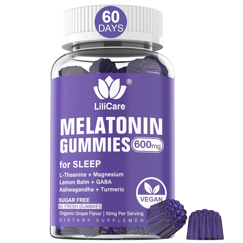Melatonin Gummies 10mg 20mg for voksne, Ekstra styrke med L-Theanine, Ashwagandha, Magnesium, Turmeric, GABA, Lemon Balm og Kamille for støtte Helse Circadian Rhythm, Vegan Grape Flavor
