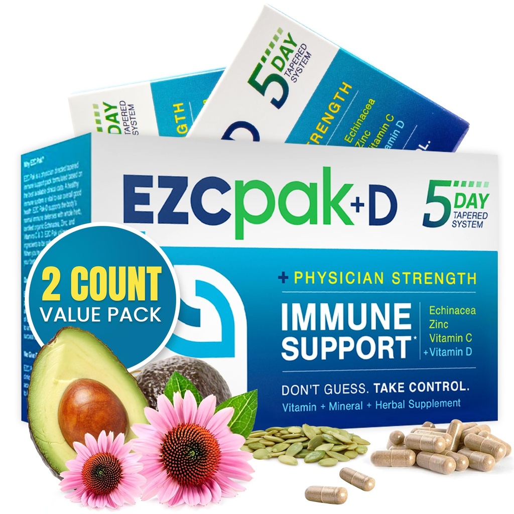 EZC Pak 5-dagers immunsystem Booster med Echinacea, vitamin C, sink og vitamin D - Tapered Immune Support Supplement for voksne - støtter immunisme, enkel reisestørrelse Supplement Pack - (pakke av 2)