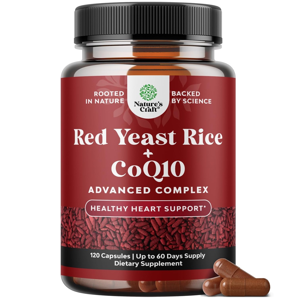 Rød Yeast Rice med CoQ10 Supplement - Avansert sunn hjerte & sunn kolesterol nivåer formel for menn og kvinner - Ekstra styrke kapsel med rød yeast Rice 1200 mg kapsler med CoQ10-120 greve