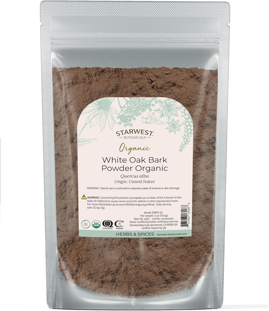 Starwest Botanicals Hvit Oak Bark Powder Organic - Tørket urt for te & naturlig urteblandinger, ren Quercus Alba, sertifisert Kosher, ikke-GMO - 4 oz Pouch