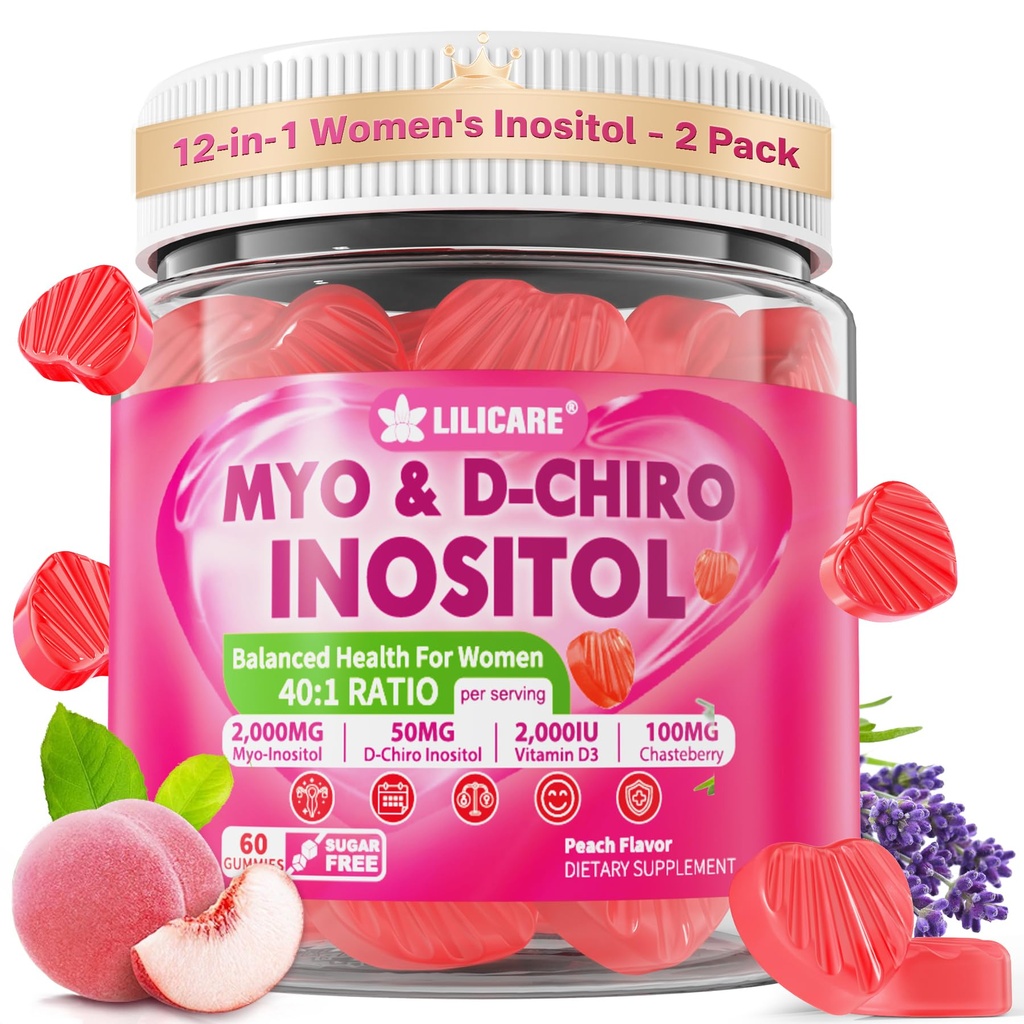 Inositol Gummier for kvinner + Chasteberry, Myo-Inositol & D-Chiro Inositol 2000mg + 50 mg Ideell 40:1 Forhold med metylert B12 & Folat, Choline, Magnesium, Vitamin D3 for generell helse, Pakke med 2