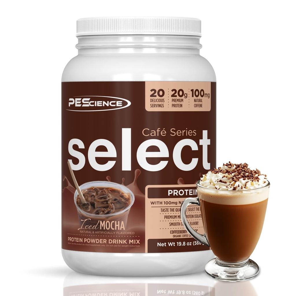 PEScience Select Cafe Protein Kaffe Flavored pulver, Iced Mocha, 100mg Koffein, 20g Iced Protein Kaffepulver eller Kremer, 20 serveringer